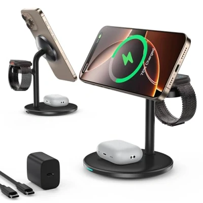 Abbildung von 3 in 1 Kabellos Ladestation,Induktive Ladestation,15W Wireless Charger Kompatibel für iPhone 16 15 14 13 12 Pro Max/Plus,iWatch Ultra 10/9/8/7/SE/6/5/4,AirPods Schwarz