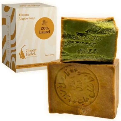 Abbildung von GREEN FADEL Aleppo Seife Original 1 x 200g (Elegant) 20% Lorbeeröl, 80% Olivenöl, Olivenölseife, Kernseife, Naturseife, Soap, Handgemacht, Vegan, für Gesicht &amp; Körper
