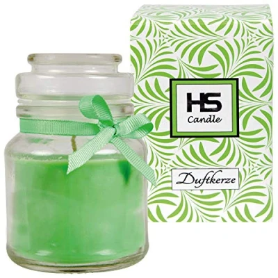 Abbildung von HS Candle Duftkerze Coconut Limes im Glas, Kerze 10cm x Ø7cm in Geschenkbox, 120gr. Wachs Brenndauer ca. 30 Stunden, Duft BonBon Glas mit Deckel