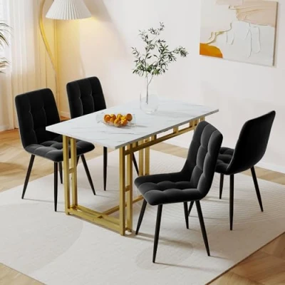 Abbildung von Moimhear 120 x 70 cm weißer Esstisch mit 4 Stühlen, modernes Küchen Set, Samt Esszimmerstühle, Tisch Goldenen Eisenbeinen(Schwarz)