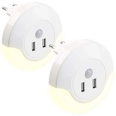 Abbildung von Luminea Automatik Nachtlicht: 2 LED Steckdosen Nachtlichter, PIR und Lichtsensor, 2x USB (10 Watt) (Nachtlicht mit Sensor, Netzteil Samsung, Bewegungsmelder Steckdose)