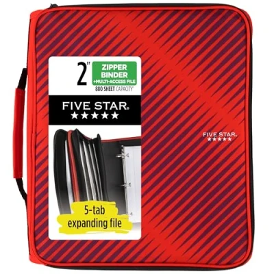 Abbildung von Five Star Reißverschlussordner, 5,1 cm, 3 Ringbuch für die Schule, Fächermappe mit 6 Fächern, Kapazität 880 Blatt, Rot (72538)