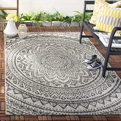 Abbildung von SAFAVIEH Zeitgenössische Teppich für Wohnzimmer, Esszimmer, Schlafzimmer Courtyard Collection, Kurzer Flor, Hellgrau und Schwarz, 122 X 170 cm
