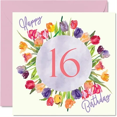 Abbildung von Schöne Geburtstagskarten zum 16. Geburtstag für Frauen Aquarell Tulpen, Blumenstrauß Happy Birthday Karte Ihre Tochter, Enkelin, Schwester, Geburtstagsgeschenke, 145 mm x Grußkarten