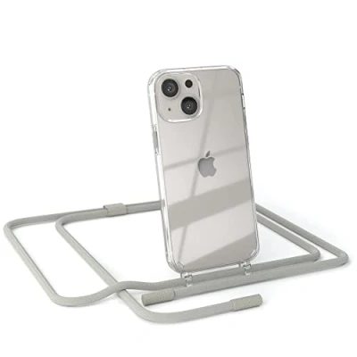Abbildung von EAZY CASE kombinierbare Handyketten kompatibel mit iPhone 13 Mini, Transparente Silikon Hülle rundem Umhängeband, abnehmbar durch abschraubbare Endstücke, Hülle, Schultergurt, Taupe
