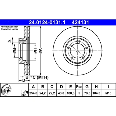 Abbildung von ATE 24.0124 0131.1 Bremsscheibe 254,0 24,2 5 100,0 Belüftet beschichtet FORD: Transit Mk3 Pritsche/Fahrgestell, Mk4 Bus