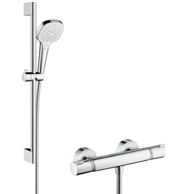 Abbildung von HansGrohe Croma Select E Duschsystem für freistehende Vario mit Ecostat Comfort Thermostat und 65 cm Brausestange