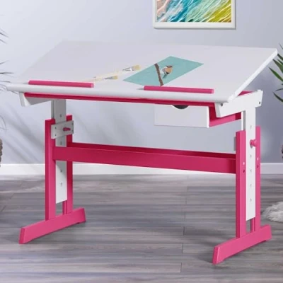 Abbildung von Inter Link Höhenverstellbarer Schreibtisch Kinderschreibtisch Schülerschreibtisch Neigungsverstellung Buchhalterung Massivholz Weiß lackiert Applikationen in Rosa /