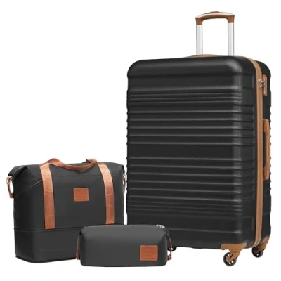 Abbildung von COOLIFE Koffer Set Trolley ABS Hartschale Reisekoffer 4 Rollen TSA Schloss einziehbarer Der Enthält 1 Reisetasche und Kulturbeutel (Schwarz/Braun, Großer 3tlg)