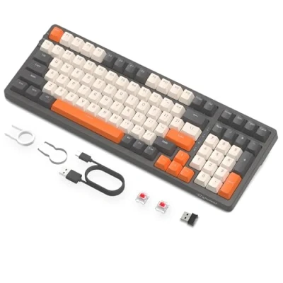 Abbildung von FREEWOLF K8 Drahtlose Hot Swap Mechanische Gaming Tastatur, kabelgebundene RGB Tastatur mit Backlit, Roter Schalter, Bluetooth 5,0/2,4 GHz/USB C Tri Modus 4000 mAH Akku für Mac/Win Grau/Orange