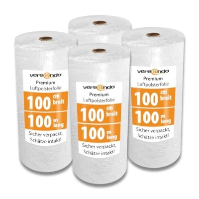 Abbildung von versando 4x Premium Luftpolsterfolie 100m x 1m für Versand, Verpackung, Umzug Noppenfolie Bubble Wrap LPF Rolle