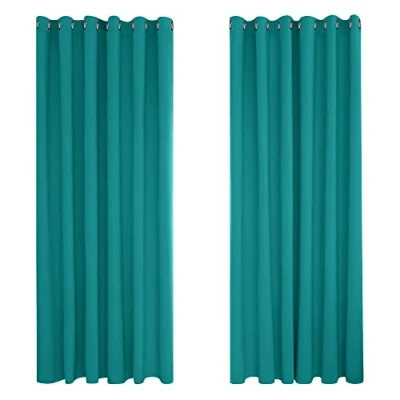 Abbildung von Deconovo Vorhang Blickdicht Verdunkelungsvorhang Gardine Wohnzimmer Thermogardine Kälteschutz Ösen, 274x229 cm(HöhexBreite), Türkis, 2er Set