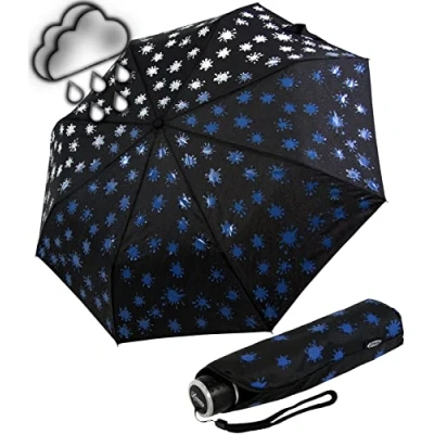 Abbildung von iX brella Taschenregenschirm Mini Ultra Light mit großem Dach extra leicht, Farbänderung bei Nässe Farbkleckse blau