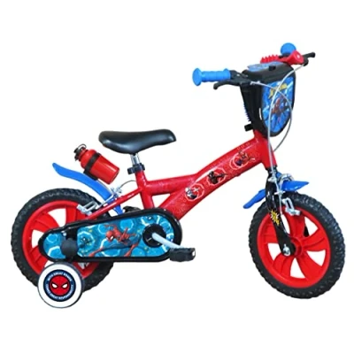 Abbildung von Atlas Jungen 12 Zoll Spiderman Fahrrad mit 2 Bremsen, Dekorativer Frontplatte, Schlammschutz, Gehäuse und Stabilisatoren + Kanister Flaschenhalter, Rot/Blau, 12&#039;&#039;