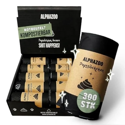 Abbildung von alphazoo Pupssäckchen Hundekotbeutel biologisch abbaubar 300 Stk. I Nachhaltige Kotbeutel für Hunde auf Rollen Auslaufsichere, reißfeste Hundetüten