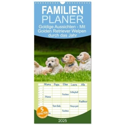 Abbildung von Familienplaner 2025 Goldige Aussichten mit Golden Retriever Welpen durch das Jahr 5 Spalten (Wandkalender, 21 cm x 45 cm), CALVENDO