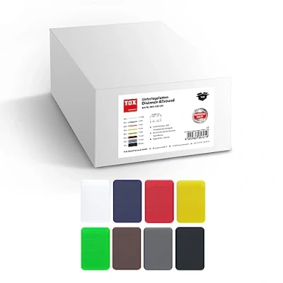 Abbildung von TOX Distance Allround Unterlegplatten Sortiment 160 tlg, mehrfarbige Ausgleichsplatten aus Kunststoff, belastbar bis 5 Tonnen, Polypropylen, verschiedene Größen, 1 Karton, 065100104