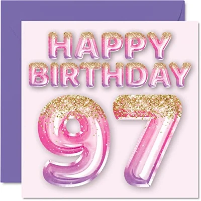 Abbildung von Geburtstagskarte zum 97. Geburtstag für Frauen rosa und lila Glitzerballons Happy Karten 97 Jahre alte Frau Mama Great Nanny Grandma Gran 145 mm Ninety Seven Seventh Greeting Cards Gift