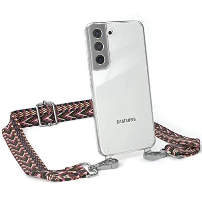Abbildung von EAZY CASE Handykette Einstellbarer Trageriemen kompatibel mit Samsung Galaxy S22, Schulterriemen, Riemen, Hülle aus Silikon, DIY Kettenkombination, Beere/Rosa Metall Silber