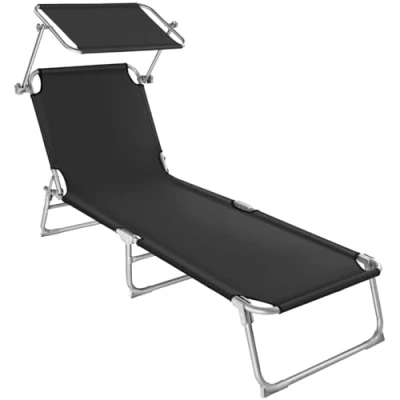 Abbildung von tectake Liegestuhl Garten mit Sonnenschutz, Gartenliege klappbar, Balkon oder Terrassen Liege Verstellbarer Rückenlehne, Strandliege Sonnendach, bis zu 110 kg belastbar blau schwarz