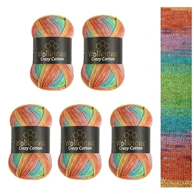 Abbildung von 5 x 100g Wollbiene Crazy Cotton Batik 500 Gramm mit Farbverlauf 55% Baumwolle mehrfarbig Multicolor Strickwolle Häkelwolle Wolle Ganzjahreswolle (6010 orange grün mint)