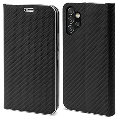 Abbildung von Moozy Hülle für Samsung A13, Schwarz Carbon Metallischer Kantenschutz Klapphülle Handyhülle mit Kartenfach und Standfunktion