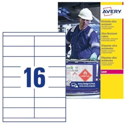 Abbildung von Avery B527450 A4 Ultra robuste Wasserdicht GHS Etiketten, bs5609 zertifiziert, für alle Drucker, 52 x 74 mm, weiß