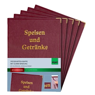 Abbildung von SIGEL SM102/5 Speisekarten Mappen für A4, Menükarte, 5er Pack, mit Gummi Bindung, bordeauxrot Goldprägung, strapazierfähig und leicht abwischbar