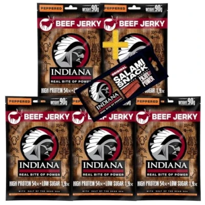 Abbildung von Indiana Beef Jerky Peppered, Geschenkbox High Protein Trockenfleisch, ohne Zuckerzusatz, Gluten frei (Beef Peppered (5 x 90g) + Salami Snack 18g