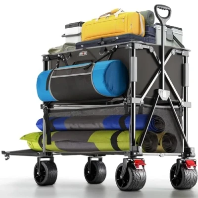 Abbildung von Overmont Doppeldecker Bollerwagen Faltbar 400I Klappbar mit Geländegängige Breite Räder 132cm extra Lange Verlängerung bis 200kg Tragkraft für Camping Sport Einkaufen Garten Strand Blau
