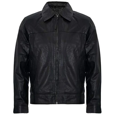 Abbildung von Infinity Leather Herren Schwarz Echt Weich Echtes Leder Klassischer Kragen Harrington Jacket S