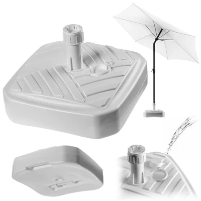 Abbildung von KADAX Sonnenschirmständer, Runder Schirmständer, Schirmhalter befüllbar mit Sand Wasser oder Kies, Ständer aus Kunststoff für Garten, Terrasse, Strand (Version 1 Quadrat, Weiß)