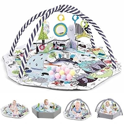 Abbildung von TFDER Baby Spieldecke mit Spielbogen，Multifunktionsspielbogen für Neugeborene 7 abnehmbaren sensorischen Spielzeugen，Krabbeldecken Babys und Kinder ab 0+ Monaten（Weiß Grau）