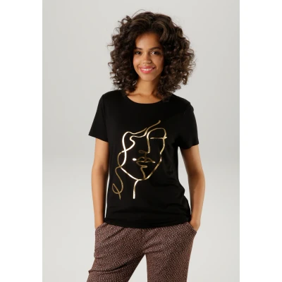 Abbildung von Aniston CASUAL T Shirt, mit abstraktem Gesicht aus goldfarbenem Folienprint NEUE KOLLEKTION