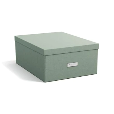 Abbildung von Bigso Box of Sweden KATRIN große Aufbewahrungsbox mit Deckel stabiler Organizer aus Faserplatte und Papier in Leinenoptik praktische Faltbox Etikettenrahmen mintgrün