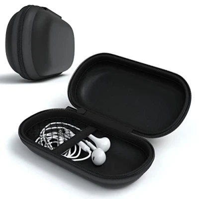 Abbildung von EAZY CASE Universal Tasche für In Ear Kopfhörer mit Netzfach Hardcase Aufbewahrungsbox, Schutztasche umlaufenden Reißverschluss, extra klein, oval, Schwarz