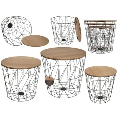 Abbildung von mucHome 3er Set Beistelltisch rund Metallkorb mit Holzplatte ca. 41 x 39 cm, 36 34 30 29 cm ineinander stapelbar