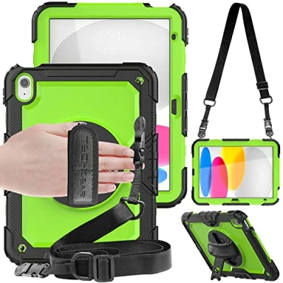 Abbildung von TECHGEAR Utility iPad 10 Generation 2022 hülle (10,9 Zoll) Robust Heavy Duty Stoßfeste Schutzhülle mit 360 Grad Schwenk ständer, stifthalter, Hand &amp; Schulter Gurt, Eingebaut schutzfolie Grün