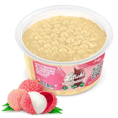 Abbildung von INSPIRE FOOD Bubble Tea Perlen Litschi für Popping Boba Perlen, Tapioka Fruchtperlen und 100% vegan glutenfrei, ohne künstliche Farbstoff, 450g