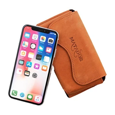 Abbildung von MATADOR Leder Quertasche Gürteltasche Hülle Case kompatibel mit iPhone X/XS /11 PRO Gürtelschlaufe Magnetverschluss Rost Braun