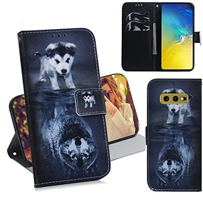Abbildung von DodoBuy Samsung Galaxy S10e Hülle Flip PU Leder Schutzhülle Handy Tasche Case Cover Wallet Standfunktion mit Kartenfächer Magnetverschluss für Hund Wolf
