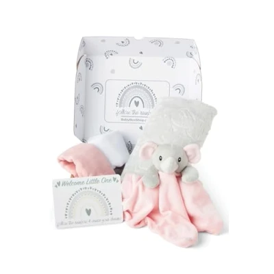 Abbildung von Baby Box Shop 5 Essentials für Neugeborene, Babyparty, Babydecke mit rosa Elefantenmotiv, Fleecedecke, 2 Musselintücher und Geschenkkarte Nachricht