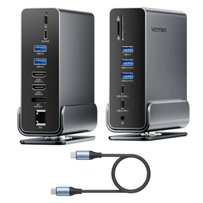 Abbildung von VENTION 15 in 1 USB C Docking Station für Dual Monitor Setup,Triple Display,Kompatibel mit Windows PCs,Thunderbolt 3/4,Dell,HP,mit 4K HDMI,DP,100W PD,10Gbps USB,RJ45,Audio,SD/TF Card Slots