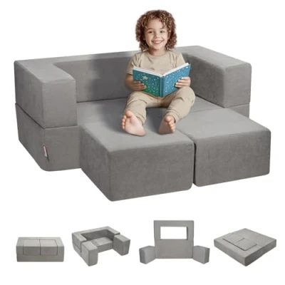 Abbildung von VEVOR Spielsofa Kindersofa aus Chenille Stoff Bausteine 4 teilig, Kinderspielsofa mit abnehmbarem Bezug 90 kg belastbar, umwandelbares Spielzimmermöbel zum Schlafen Lesen Dunkelgrau