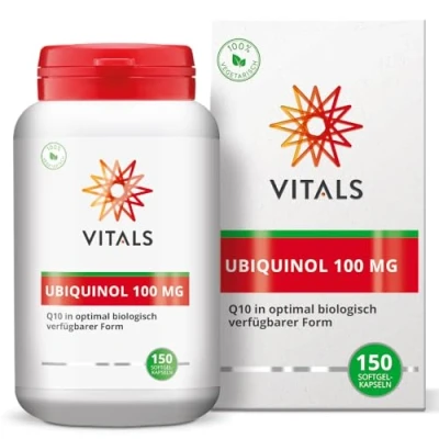 Abbildung von Vitals Ubiquinol 100mg 60 Softgel Kapseln enthält eine hohe Dosis Ubiquinol, die biologisch aktivste Form von Q10. Vom weltweit führenden Q10 Spezialisten Kaneka. Optimale Bioverfügbarkeit.