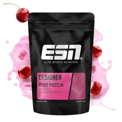 Abbildung von ESN Designer Whey Protein Pulver, Cherry Yogurt, 1 kg, bis zu 23 g pro Portion, ideal zum Muskelaufbau und erhalt made in Germany