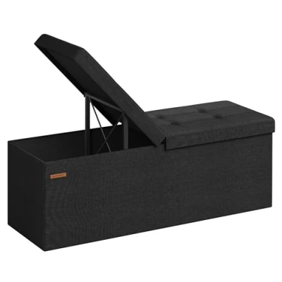 Abbildung von SONGMICS Sitzbank mit Stauraum, klappbare Sitztruhe, Aufbewahrungsbox, 38 x 110 cm, Deckel klappbar, bis 300 kg belastbar, für Flur, Wohnzimmer, Schlafzimmer, tintenschwarz LSF076B01