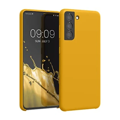 Abbildung von kwmobile Hülle kompatibel mit Samsung Galaxy S21 Silikon Handy Case Handyhülle weiche Oberfläche kabelloses Laden Honiggelb