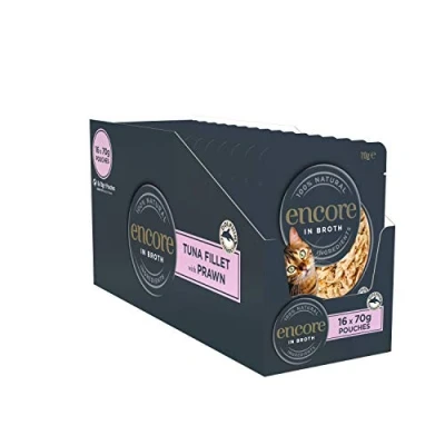 Abbildung von Encore 100% natürliches Premium Nassfutter für Katzen, Thunfischfilet mit Garnele in Brühe erwachsene Katzen Packung 16 x 70g Beuteln
