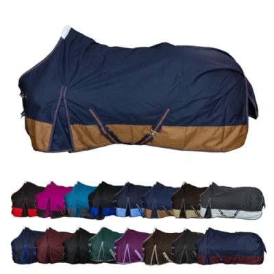 Abbildung von RL24 Weidedecke 600D Basicline Regendecke &amp; Übergangsdecke Wind wasserdichte Outdoordecke mit Innenfutter Pferdedecke in Dunkelblau/Braun 165cm (Polarfleecefutter)